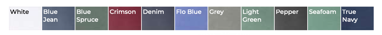 Color chart with different shades of blue, green, red, and white, each with something written on it